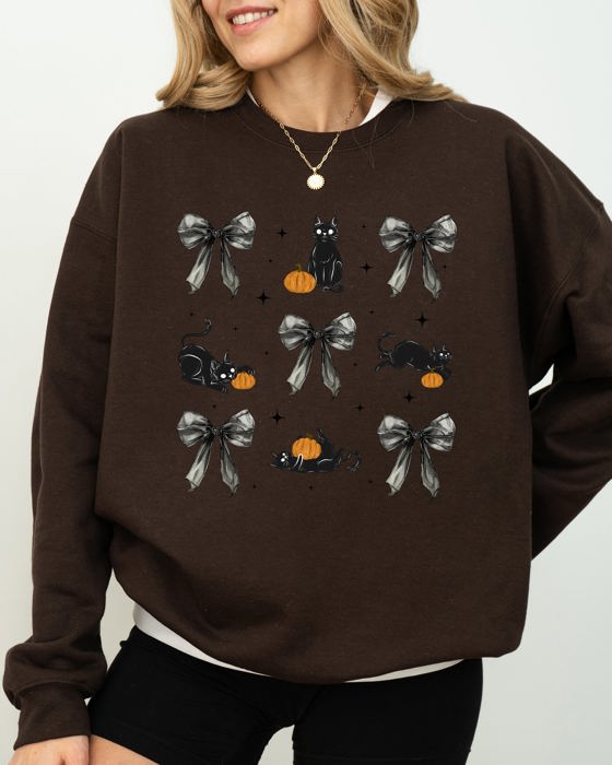 Black Cat Coquette Ribbons and Bows Halloween Girly Autumn Fall Cozy Soft Sweatshirt