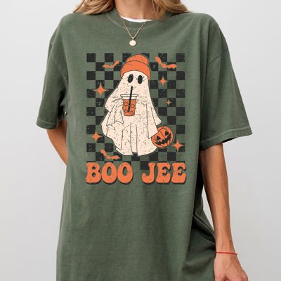 Boo-Jee Ghost Checkered Retro Halloween Coffee Drink Vintage Graphic Comfort Colors Tee