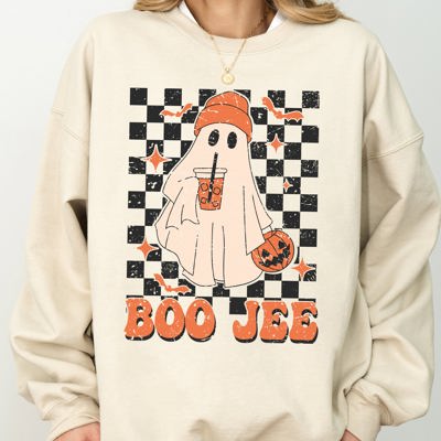 Boo-Jee Ghost Checkered Retro Halloween Coffee Drink Illustration Cozy Sweatshirt