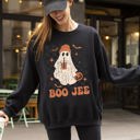 Small Black Boo-Jee Ghost Checkered Retro Halloween Coffee Drink Illustration Cozy Sweatshirt