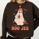 Small Dark Chocolate Brown Boo-Jee Ghost Checkered Retro Halloween Coffee Drink Illustration Cozy Sweatshirt