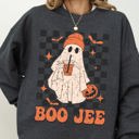 XXL Dark Gray Heather Boo-Jee Ghost Checkered Retro Halloween Coffee Drink Illustration Cozy Sweatshirt