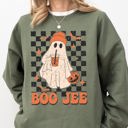 Large Military Green Boo-Jee Ghost Checkered Retro Halloween Coffee Drink Illustration Cozy Sweatshirt