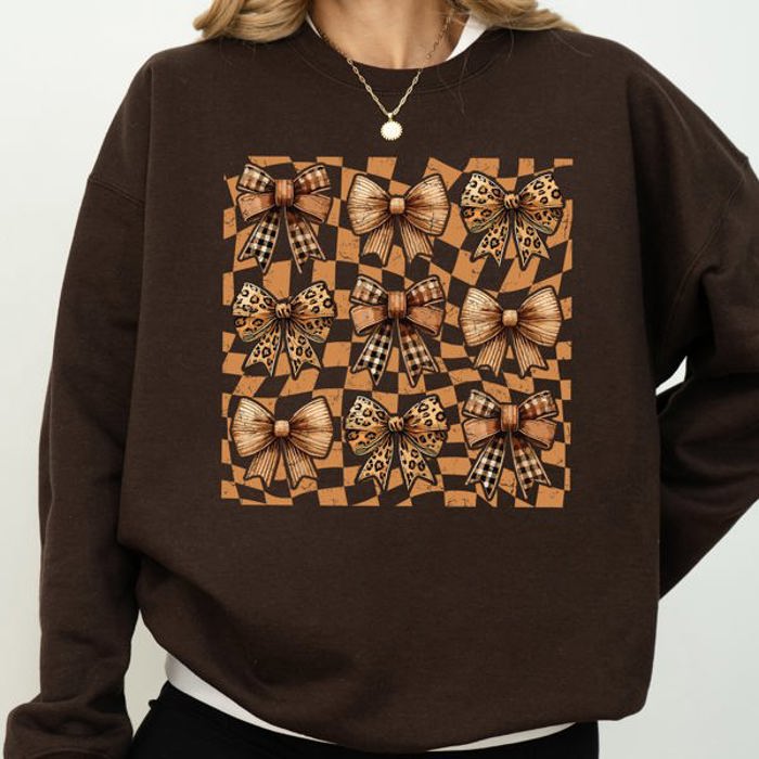 Checkered Autumn Coquette Bows And Ribbons Retro Halloween Autumnal Print Sweatshirt