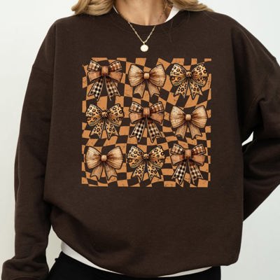 Checkered Autumn Coquette Bows And Ribbons Retro Halloween Autumnal Print Sweatshirt