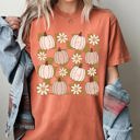  Checkered Pumpkins Daisies Flowers Retro Hippie Halloween Autumn Positivity Comfort Colors Tee