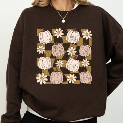 Checkered Pumpkins Daisies Flowers Vintage Retro Hippie Positivity Halloween Autumn Sweatshirt