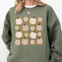 Medium Military Green Checkered Pumpkins Daisies Flowers Vintage Retro Hippie Positivity Halloween Autumn Sweatshirt