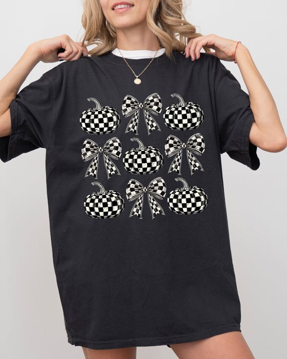 Checkered Retro Pumpkins Coquette Ribbons Bows Halloween Autumn Fall Comfort Colors Tee