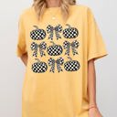 XL Mustard Checkered Retro Pumpkins Coquette Ribbons Bows Halloween Autumn Fall Comfort Colors Tee