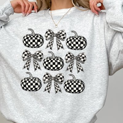 Checkered Retro Pumpkins Coquette Ribbons Bows Halloween Autumn Fall Patchwork Cozy Sweatshirt