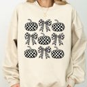 Checkered Retro Pumpkins Coquette Ribbons Bows Halloween Autumn Fall Patchwork Cozy Sweatshirt