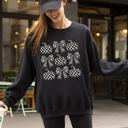 Large Black Checkered Retro Pumpkins Coquette Ribbons Bows Halloween Autumn Fall Patchwork Cozy Sweatshirt