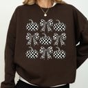 Large Dark Chocolate Brown Checkered Retro Pumpkins Coquette Ribbons Bows Halloween Autumn Fall Patchwork Cozy Sweatshirt