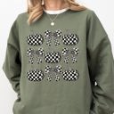 XXXL Military Green Checkered Retro Pumpkins Coquette Ribbons Bows Halloween Autumn Fall Patchwork Cozy Sweatshirt