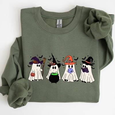 Cute Halloween Ghosts, Witches, Skeleton Spooky Season Ghostly Friends Illustration Sweatshirt