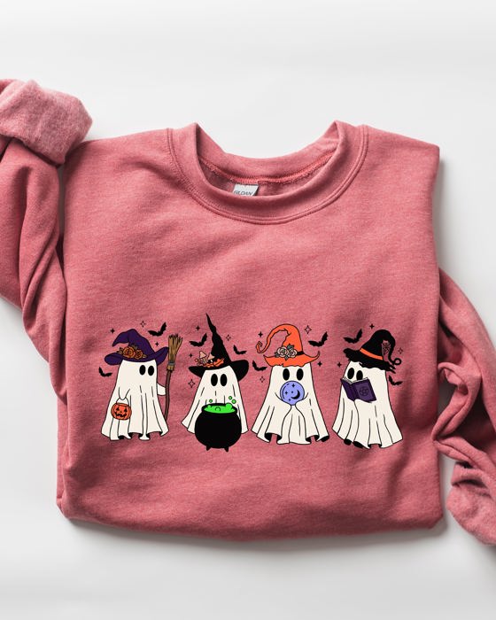 Cute Halloween Ghosts, Witches, Skeleton Spooky Season Ghostly Friends Illustration Sweatshirt