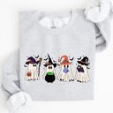 Large Ash Light Gray Cute Halloween Ghosts, Witches, Skeleton Spooky Season Ghostly Friends Illustration Sweatshirt