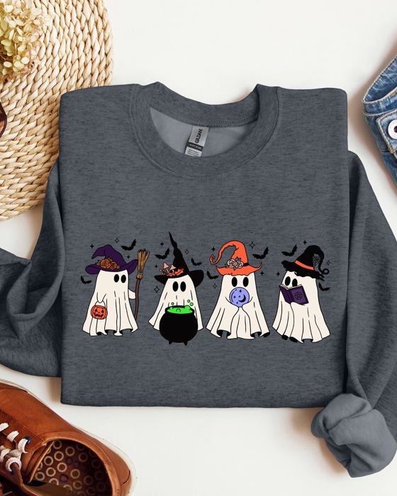 Cute Halloween Ghosts, Witches, Skeleton Spooky Season Ghostly Friends Illustration Sweatshirt