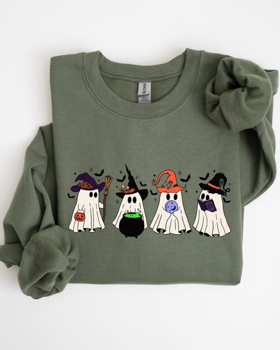 Cute Halloween Ghosts, Witches, Skeleton Spooky Season Ghostly Friends Illustration Sweatshirt