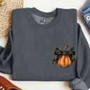 XXL Dark Gray Heather Halloween Pumpkin Ribbon Pocket Print Coquette Fall Autumn Cozy Festive Edition Sweatshirt