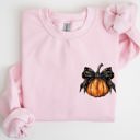 Large Light Pink Halloween Pumpkin Ribbon Pocket Print Coquette Fall Autumn Cozy Festive Edition Sweatshirt