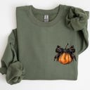 XXXL Military Green Halloween Pumpkin Ribbon Pocket Print Coquette Fall Autumn Cozy Festive Edition Sweatshirt