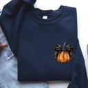Medium Navy Halloween Pumpkin Ribbon Pocket Print Coquette Fall Autumn Cozy Festive Edition Sweatshirt