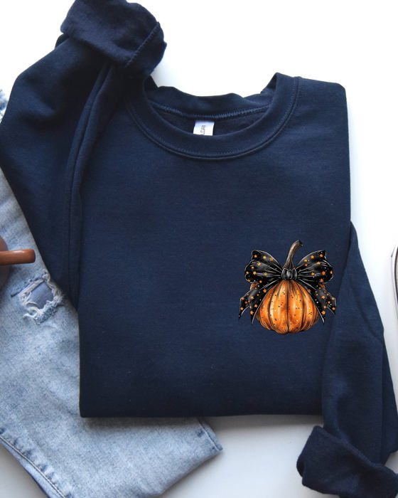 Halloween Pumpkin Ribbon Pocket Print Coquette Fall Autumn Cozy Festive Edition Sweatshirt