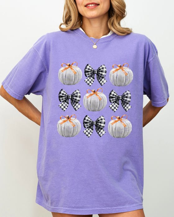 Halloween Ribbons And Pumpkins Coquette Bows Fall Themed Vintage Inspired Autumn Seasonal Comfort Colors Tee