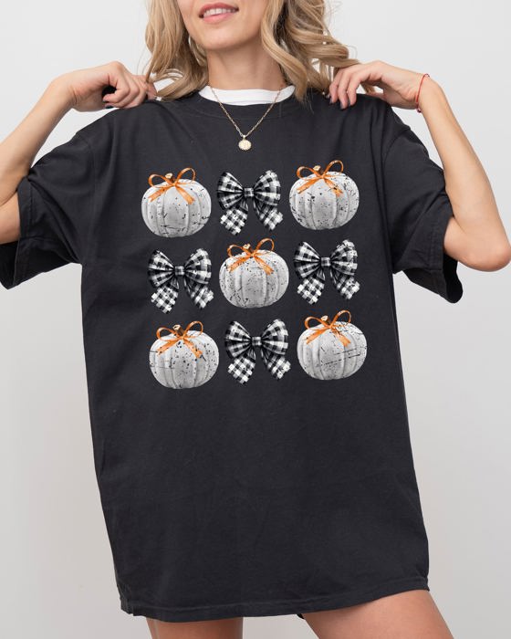 Halloween Ribbons And Pumpkins Coquette Bows Fall Themed Vintage Inspired Autumn Seasonal Comfort Colors Tee