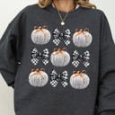 Small Dark Gray Heather Halloween Ribbons and Pumpkins, Coquette Bows Graphic Sweatshirt