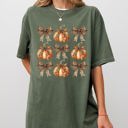 Small Moss Dark Green Leopard Print Pumpkins, Coquette Ribbons And Bows Halloween Autumn Fall Comfort Colors Tee