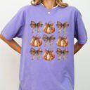 Small Violet Purple Leopard Print Pumpkins, Coquette Ribbons And Bows Halloween Autumn Fall Comfort Colors Tee