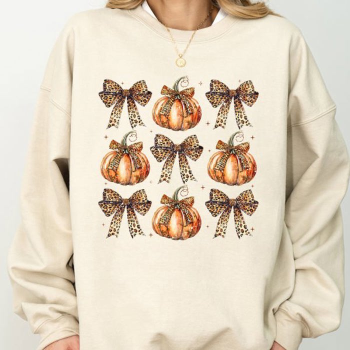 Leopard Print Pumpkins With Coquette Ribbons And Bows Halloween Autumn Sweatshirt