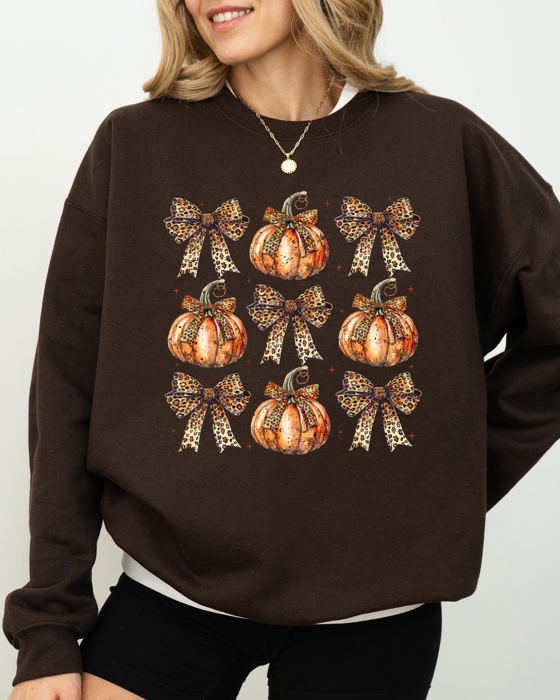 Leopard Print Pumpkins With Coquette Ribbons And Bows Halloween Autumn Sweatshirt