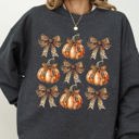 Small Dark Gray Heather Leopard Print Pumpkins With Coquette Ribbons And Bows Halloween Autumn Sweatshirt