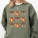 Medium Military Green Leopard Print Pumpkins With Coquette Ribbons And Bows Halloween Autumn Sweatshirt