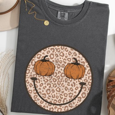 Leopard Print Smiley Halloween Pumpkin Retro Fall Autumn Shirt Comfort Colors Tee