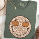 Medium Moss Dark Green Leopard Print Smiley Halloween Pumpkin Retro Fall Autumn Shirt Comfort Colors Tee