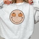 Small Ash Light Gray Leopard Print Smiley Halloween Pumpkin Retro Fall Autumn Cozy Vintage Graphic Sweatshirt