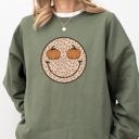 XXL Military Green Leopard Print Smiley Halloween Pumpkin Retro Fall Autumn Cozy Vintage Graphic Sweatshirt