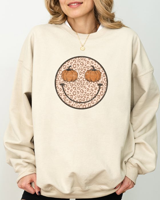 Leopard Print Smiley Halloween Pumpkin Retro Fall Autumn Cozy Vintage Graphic Sweatshirt