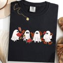 XL Black Mini Halloween Ghosts Floral Garden Print With Autumn Flowers And Spooky Cozy Vibes Comfort Colors Tee