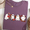 XXL Berry Red Mini Halloween Ghosts Floral Garden Print With Autumn Flowers And Spooky Cozy Vibes Comfort Colors Tee