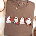 XL Espresso Brown Mini Halloween Ghosts Floral Garden Print With Autumn Flowers And Spooky Cozy Vibes Comfort Colors Tee