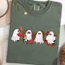 Medium Moss Dark Green Mini Halloween Ghosts Floral Garden Print With Autumn Flowers And Spooky Cozy Vibes Comfort Colors Tee
