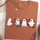 XL Yam Mini Halloween Ghosts Floral Garden Print With Autumn Flowers And Spooky Cozy Vibes Comfort Colors Tee