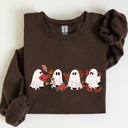 XL Dark Chocolate Brown Mini Halloween Ghosts Cute Floral Garden Autumnal Patchwork Cozy Seasonal Print With Flowers And Ghosts Sweatshirt