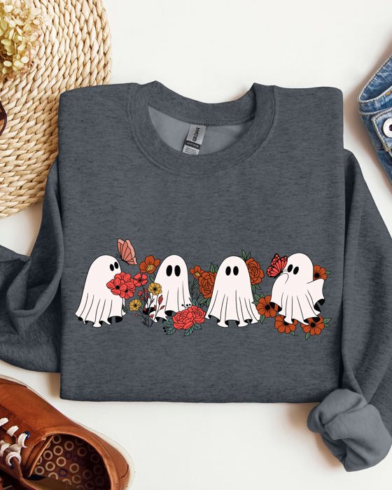 Mini Halloween Ghosts Cute Floral Garden Autumnal Patchwork Cozy Seasonal Print With Flowers And Ghosts Sweatshirt